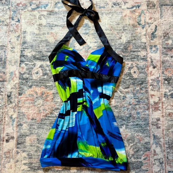 Vintage Y2K Blue & Green Abstract Halter Top - Picture 1 of 3